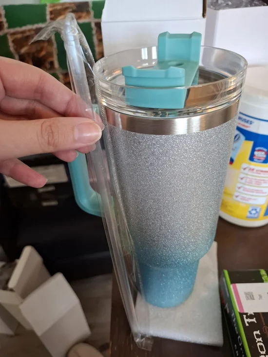 Glitter Ombre Travel Tumbler with Handle - Teal to Silver - Picture 2 of 3